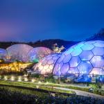Eden's Biomes lit up with Christmas lighting